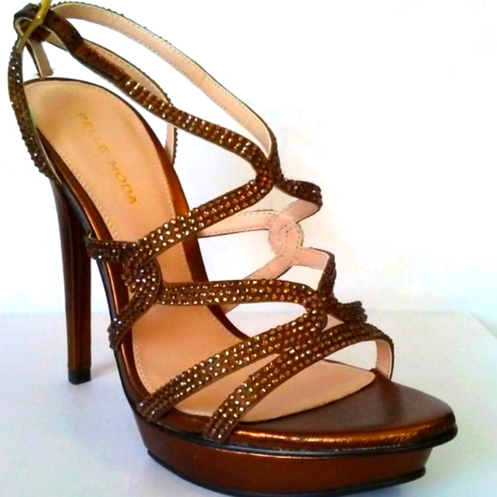Pelle Moda Bronze Leather Rhinestone Platform Heels